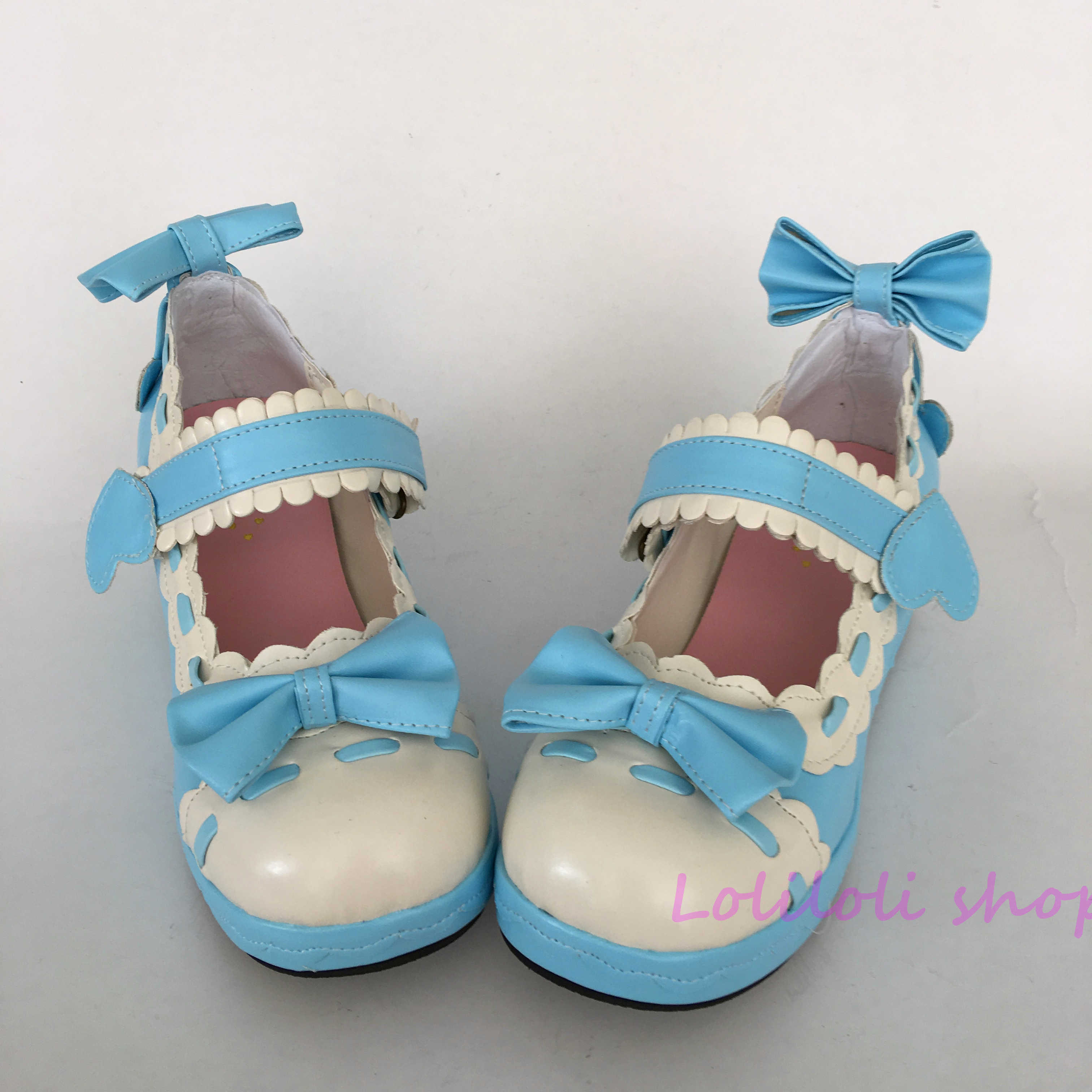 Princess sweet blue and white lolita shoes Big shoes, special shoes custom suede shoes Lolita cake customized Lace Bow Shoes1241