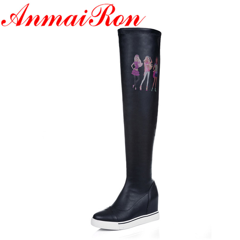 ANMAIRON New Mid-calf Boots Shoes Woman Long Shaft and short Shaft Black Shoes Woman Height Increasing Slip-On Boots Women Shoes