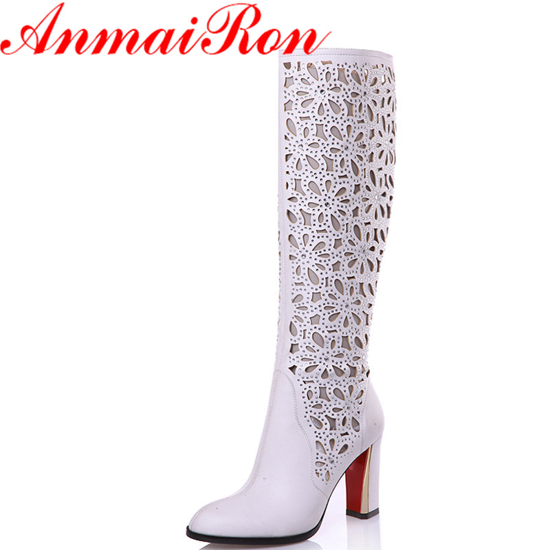 ANMAIRON New Mid-calf Boots Shoes Woman 2 Colros White Shoes Woman High Heels Cut-outs Zippers Summer Boots Brand Women Shoes