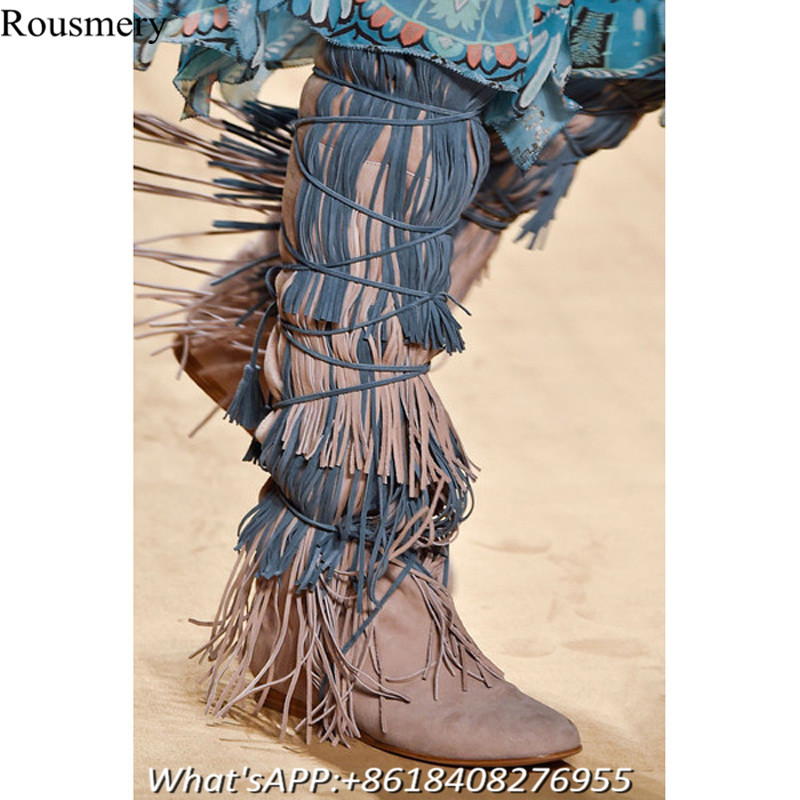 Fashion Women Mixed Color Knee High Woman Boots Cross Tied Height Increasing Woman Shoes Long Boots Fringe High Heel Shoes Woman
